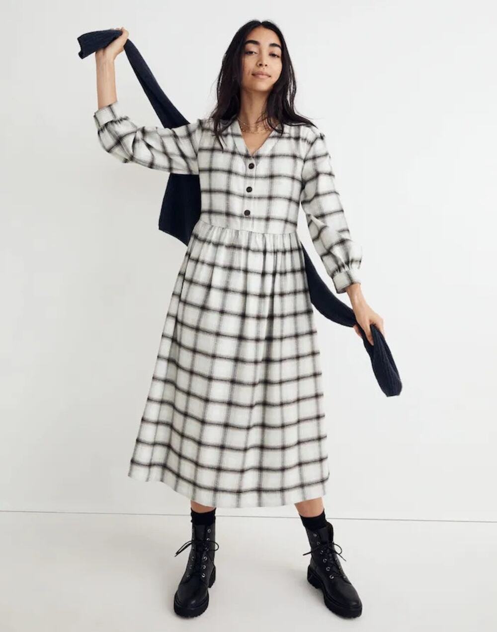 Madewell Womens Flannel Button Front Midi Dress Size 2 Oversized Plaid Blue